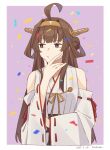  1girl ahoge border brown_hair closed_mouth confetti dated detached_sleeves double_bun hand_on_own_chin headgear ichiroku_(sakumogu-029) kantai_collection kongou_(kancolle) long_hair nontraditional_miko raised_eyebrow ribbon-trimmed_sleeves ribbon_trim signature simple_background solo upper_body very_long_hair wide_sleeves 