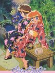  1990s_(style) 2girls absurdres animal_print bamboo bangs bench blue_eyes brown_hair bunny_print character_print eyebrows_visible_through_hair fireworks floral_print hand_fan haneoka_meimi highres holding holding_fan japanese_clothes kaitou_saint_tail kimono long_hair long_sleeves mimori_seira multiple_girls non-web_source official_art on_bench open_mouth orange_hair outdoors retro_artstyle ruby_(kaitou_saint_tail) saint_tail sandals scan short_hair sitting smile violet_eyes 