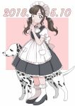  1girl 2018 amamams apron ascot bangs bobby_socks brown_eyes brown_hair dalmatian dated dog dress finger_to_mouth high_heels highres looking_at_viewer low_twintails maid maid_apron maid_day maid_headdress medium_dress original puffy_short_sleeves puffy_sleeves pumps short_sleeves shushing smile socks swept_bangs twintails 