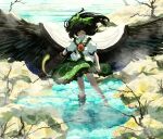 1girl arm_cannon bare_tree bird_wings black_hair black_wings blush bow cape closed_eyes closed_mouth collared_shirt commentary commission facing_viewer feathered_wings floating_hair frilled_shirt_collar frilled_skirt frills full_body green_bow green_skirt hair_bow highres kajatony large_wings puffy_short_sleeves puffy_sleeves reiuji_utsuho rock shirt short_sleeves skeb_commission skirt smile solo starry_sky_print third_eye touhou tree two-sided_cape two-sided_fabric wading water weapon white_cape white_shirt wings 