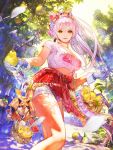  1girl basket bird breasts building clothes_around_waist dappled_sunlight earrings food from_below fruit gloves hair_ornament highres holding holding_food holding_fruit isaac_hein_iii jewelry large_breasts long_hair looking_at_viewer official_art outdoors pear ponytail print_shirt shirt shorts smile solo_focus sparkle sunlight tenka_touitsu_chronicle tied_shirt tree white_hair yellow_eyes 