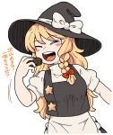  1girl apron blonde_hair blush_stickers bow braid bseibutsu closed_eyes cookie_(touhou) hair_bow hat hat_bow kirisame_marisa long_hair open_mouth side_braid smile solo touhou translation_request upper_body waist_apron witch_hat 
