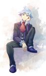  1boy bangs black_pants blue_eyes blue_hair full_body hand_on_own_face jewelry leg_up long_sleeves looking_at_viewer necktie pants pokemon pokemon_(game) pokemon_oras red_necktie ring short_hair sitting smile solo steven_stone vest zeroki_(izuno) 