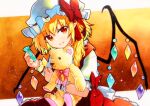  1girl :d blonde_hair blurry blush bow candy crystal depth_of_field fang flandre_scarlet food hat hat_bow hat_ribbon highres holding holding_stuffed_toy looking_at_viewer mob_cap one_side_up pointy_ears puffy_short_sleeves puffy_sleeves qqqrinkappp red_bow red_eyes red_ribbon red_skirt red_vest ribbon shirt short_sleeves skin_fang skirt skirt_set smile solo stuffed_animal stuffed_toy teddy_bear touhou upper_body vest wings wrist_cuffs 