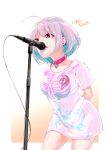  1girl ahoge arms_behind_back blue_hair bob_cut bone_print heart_on_chest highres idolmaster idolmaster_cinderella_girls jeiku leather_choker liam_gallagher looking_afar microphone microphone_stand multicolored_hair music namesake no_pants oasis_(band) oversized_clothes oversized_shirt parody pink_eyes pink_hair pose print_shirt pun shirt short_sleeves simple_background singing solo translated two-tone_hair white_background yumemi_riamu 