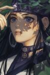  1girl ainu_clothes asirpa black_hair blue_eyes choker dappled_sunlight day earrings eyelashes flower golden_kamuy hand_up headband highres holding holding_flower hoop_earrings jewelry lips long_hair looking_away looking_up nature parted_lips plant portrait solo sunlight xiaopa25 