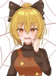  1girl bangs black_bow black_shirt blonde_hair blush bow breasts brown_dress brown_eyes buttons commentary_request dress eyebrows_visible_through_hair hair_between_eyes hair_bow kurodani_yamame long_sleeves looking_at_viewer medium_breasts open_mouth ponytail shirt short_hair silk slit_pupils solo spider_web touhou turtleneck upper_body white_background yanagi_(isiryu230) 