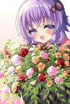  1girl bangs blush bouquet commentary crossed_arms eyebrows_visible_through_hair flower hair_ornament half-closed_eyes highres hinao holding holding_bouquet hood hoodie long_sleeves looking_at_viewer low_twintails open_mouth purple_hair rose short_hair_with_long_locks smile solo twintails violet_eyes vocaloid voiceroid yuzuki_yukari 