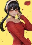  1girl bare_shoulders black_hair book earrings hairband half-closed_eyes hand_up highres jewelry long_sleeves looking_to_the_side magion02 off-shoulder_sweater off_shoulder petals red_eyes red_sweater simple_background smile solo spy_x_family sweater upper_body yellow_background yor_briar 