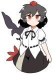  1girl bangs bird black_hair black_skirt closed_mouth cropped_legs crow eyebrows_visible_through_hair hand_fan hat hauchiwa ini_(inunabe00) leaf-pattern_stripe looking_at_viewer pointy_ears red_eyes red_headwear shameimaru_aya shirt short_hair short_sleeves simple_background skirt tokin_hat touhou white_background white_shirt 