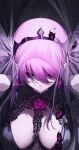  1girl bangs black_dress breasts closed_mouth dress earrings eyebrows_visible_through_hair hair_between_eyes highres hololive hololive_english jewelry large_breasts looking_away mori_calliope pink_hair solo tiara upper_body veil violet_eyes virtual_youtuber yaguo 