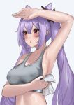  1girl absurdres arm_up armpits bra breasts double_bun fourtwelve genshin_impact grey_bra hair_bun handkerchief highres keqing_(genshin_impact) large_breasts looking_to_the_side midriff navel open_mouth purple_hair sleeveless solo sweat twintails underwear violet_eyes 
