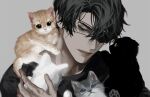  1boy animal black_hair black_shirt blackbox_(blackbox9158) cat eyepatch grey_background grey_eyes holding holding_animal holding_cat joonghyuk_yoo kitten looking_at_another male_focus omniscient_reader&#039;s_viewpoint portrait scar shirt short_hair smile solo spoilers symbol-only_commentary 