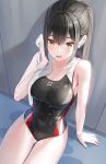  1girl bangs bare_shoulders black_hair black_swimsuit blush breasts collarbone covered_navel highres kfr large_breasts long_hair looking_at_viewer one-piece_swimsuit open_mouth original sitting smile solo swimsuit thighs towel wet yellow_eyes 