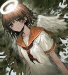  1girl :| angel angel_wings arms_at_sides breasts brown_eyes brown_hair closed_mouth collarbone commentary cowboy_shot dutch_angle expressionless feathered_wings haibane_renmei halo highres light medium_hair messy_hair neckerchief orange_sailor_collar rakka_(haibane) red_neckerchief sailor_collar shirt small_breasts solo sono_(user_dmxn5534) standing white_shirt white_wings wings 