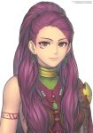  1girl arm_tattoo armor artist_name braid breasts brown_eyes commentary commission covered_collarbone earrings fire_emblem fire_emblem:_three_houses gofelem jewelry looking_at_viewer necklace petra_macneary ponytail purple_hair shoulder_armor simple_background smile solo tattoo upper_body watermark white_background 
