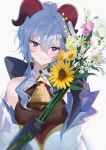  1girl bangs bare_shoulders bell black_gloves blue_hair bouquet breasts commentary cowbell detached_sleeves flower flower_request ganyu_(genshin_impact) genshin_impact gloves hair_between_eyes highres holding holding_bouquet horns looking_at_viewer medium_breasts neck_bell retty2706 simple_background smile solo sunflower teeth upper_teeth violet_eyes white_background 