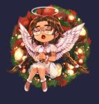  1girl :o anoushka_russell bangs bow chibi christmas_ornaments closed_eyes dress english_commentary gift_art glasses hair_behind_ear halo muvluv open_mouth orange_bow own_hands_clasped own_hands_together parted_bangs round_eyewear sakaki_chizuru sitting solo white_dress wings wreath 