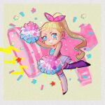  1girl artist_request blonde_hair blue_eyes bow cheerleader cheerleader_cookie chibi cookie_run full_body hair_bow happy humanization lips looking_at_viewer megaphone non-web_source personification pom_pom_(cheerleading) ponytail smile solo 