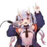  1girl absurdres belt blush breasts fangs hair_ornament highres holding hololive horns jacket long_hair long_sleeves looking_at_viewer microphone nakiri_ayame off_shoulder oni_horns open_clothes open_jacket open_mouth red_eyes shiroi_karasu shirt sleeveless sleeveless_shirt solo teeth twintails upper_body white_shirt 