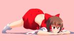  1girl bangs bow brown_hair commentary cookie_(touhou) detached_sleeves eyebrows_visible_through_hair frilled_hair_tubes frills full_body hair_between_eyes hair_bow hair_tubes hakurei_reimu hands_on_ground highres jack-o&#039;_challenge kurotsuki_hiiragi no_shoes open_mouth pink_background red_bow red_eyes red_shirt red_skirt reu_(cookie) ribbon-trimmed_sleeves ribbon_trim shirt short_hair simple_background skirt sleeveless sleeveless_shirt socks solo spread_legs top-down_bottom-up touhou white_legwear white_sleeves wide_spread_legs 