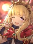  1girl ;d bangs blonde_hair blush book bow bowtie bracelet cagliostro_(granblue_fantasy) cape capelet face granblue_fantasy highres holding hood hooded_capelet jewelry kiikii_(kitsukedokoro) long_hair looking_at_viewer one_eye_closed open_mouth smile solo tiara upper_body violet_eyes 