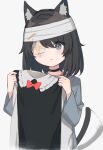 1girl animal_ears bandage_over_one_eye bandaged_head bandages black_dress black_hair cat_ears cat_girl cat_tail dress highres holding holding_clothes holding_dress hospital_gown original parted_lips satou_(3366_s) shirt short_hair sketch tail tail_wagging white_shirt 