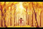  1girl :d animal_ears autumn autumn_leaves blush closed_eyes commentary facing_viewer forest green_hair haneda_tomo highres kasodani_kyouko letterboxed long_sleeves nature open_mouth outdoors outstretched_arms pink_shirt red_footwear shirt shoes short_hair skirt smile solo standing standing_on_one_leg touhou tree white_skirt wide_shot 