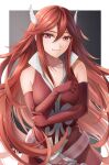  1girl bare_shoulders belt border collarbone cordelia_(fire_emblem) cowboy_shot dress elbow_gloves fire_emblem fire_emblem_awakening gloves long_hair looking_at_viewer pegasus_knight_uniform_(fire_emblem) red_eyes red_gloves redhead simple_background sleeveless sleeveless_dress smile solo ten_(tenchan_man) very_long_hair white_border wing_hair_ornament 