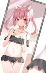  1girl animal_ears ass_visible_through_thighs bikini black_bikini blush breasts cat_ears hands_on_own_chest highres indoors long_hair mirror mizuki_ryuu navel open_mouth original pink_hair red_eyes reflection small_breasts solo swimsuit thigh_gap thighs twintails 