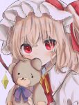  1girl bangs blonde_hair blush bow crystal dorowa_(drawerslove) eyebrows_visible_through_hair face flandre_scarlet hair_between_eyes hat highres holding holding_stuffed_toy looking_at_viewer mob_cap puffy_sleeves red_eyes red_ribbon red_vest ribbon shirt solo stuffed_animal stuffed_toy teddy_bear touhou upper_body vest white_headwear white_shirt wings 