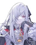  1girl arknights ascot black_gloves chain chuzhuzi996 gladiia_(arknights) gladiia_(return)_(arknights) gloves gold_chain grey_hair hair_over_one_eye highres long_hair long_sleeves looking_at_viewer official_alternate_costume pale_skin parted_lips partially_fingerless_gloves pocket_watch pointy_ears puffy_long_sleeves puffy_sleeves red_eyes simple_background smile solo upper_body very_long_hair watch white_ascot white_background 