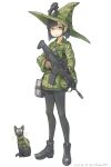  1girl assault_rifle bangs black_cat black_eyes black_footwear black_hair black_legwear black_skirt book boots brown_gloves camouflage camouflage_headwear camouflage_jacket cat commentary_request dated foregrip gloves gun hair_behind_ear hat highres holding holding_gun holding_weapon jacket mifune_(_mifune_707) original pantyhose rifle scope short_hair skirt solo trigger_discipline twitter_username weapon weapon_request whiskers witch_hat 