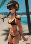  1girl artist_name bangs beach bikini black_bikini black_hair black_legwear blurry blurry_background breasts closed_mouth dagger floating_hair flower gold_hairband hair_flower hair_ornament highres holding holding_dagger holding_weapon knife looking_at_viewer medium_breasts navel outdoors palm_tree red_eyes rose shinsaku_(stan-art) sidelocks smile solo spy_x_family stomach swimsuit thigh-highs tree weapon yor_briar 