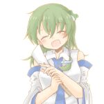  1girl artist_request bangs bare_shoulders blush breasts closed_eyes collared_shirt commentary_request detached_sleeves eyebrows_visible_through_hair eyes_visible_through_hair frog_hair_ornament gohei green_hair hair_between_eyes hair_ornament hands_up highres kochiya_sanae long_sleeves medium_breasts medium_hair open_mouth shirt simple_background smile snake_hair_ornament solo standing touhou upper_body white_background white_shirt wide_sleeves 