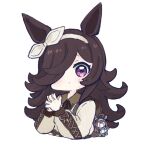  1girl :&lt; animal_ears backpack bag bag_charm bangs black_hair black_ribbon blush brown_dress character_doll charm_(object) closed_mouth collared_dress commentary_request cropped_torso dress ear_ribbon eyebrows_visible_through_hair hair_over_one_eye hairband hands_up horse_ears horse_girl long_hair long_sleeves looking_at_viewer mihono_bourbon_(umamusume) neck_ribbon nozo_(hitomiz) own_hands_together puffy_long_sleeves puffy_sleeves ribbon rice_shower_(umamusume) simple_background solo umamusume upper_body violet_eyes white_background white_hairband white_ribbon 