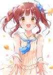  1girl :d bangs blooming_days_(idolmaster) blue_neckerchief blunt_bangs blurry blurry_foreground blush brown_hair clover dress eyebrows_visible_through_hair falling_petals flower flower_necklace foreshortening hair_flower hair_ornament hat highres idol idolmaster idolmaster_cinderella_girls looking_at_viewer mini_hat mitsuyahachiko neckerchief ogata_chieri petals reaching_out sailor_dress sailor_hat simple_background sleeveless sleeveless_dress smile solo twintails upper_body wrist_cuffs 