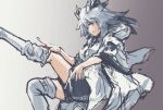  1girl arknights boots coat feet_out_of_frame from_side grey_hair hair_wings hood looking_at_viewer milleyoshio orange_eyes ptilopsis_(arknights) shorts sketch smile solo thigh-highs thigh_boots triangle_mouth 