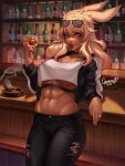  1girl abs absurdres animal_ears ashtray avatar_(ff14) bar blonde_hair blurry blurry_background bottle breasts cigar commission cormgreenu crop_top cup dark-skinned_female dark_skin eyewear_on_head final_fantasy final_fantasy_xiv highres holding holding_cup jacket jewelry large_breasts lilisette_illderthane_(lilisettexiv) long_hair looking_at_viewer midriff navel open_clothes open_jacket pants rabbit_ears red_lips ring solo torn_clothes torn_pants tumbler viera violet_eyes 