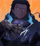  1boy black_hair blue_eyes blue_hair commentary_request electricity fate/grand_order fate_(series) gloves glowing glowing_eyes gradient_hair hands_on_own_chest highres lightning long_hair long_sleeves looking_at_viewer male_focus mechanical_arms multicolored_hair nikola_tesla_(fate) orange_background simple_background single_mechanical_arm smile solo sosaka teeth upper_body white_gloves 