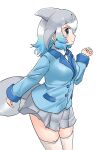 1girl alternate_costume blowhole blue_eyes blue_hair blue_jacket blue_necktie blush cetacean_tail collared_shirt commentary_request common_bottlenose_dolphin_(kemono_friends) cowboy_shot dolphin_girl dorsal_fin eyebrows_visible_through_hair grey_hair grey_skirt highres jacket kemono_friends long_sleeves looking_at_viewer multicolored_hair necktie pleated_skirt shirt short_hair skirt smile solo tail thigh-highs uf34a white_hair white_legwear white_shirt zettai_ryouiki