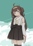  1girl absurdres ahoge blue_sky brown_hair brown_skirt clouds contrail cowboy_shot detached_sleeves double_bun grey_eyes hairband head_tilt headgear highres japanese_clothes kantai_collection kongou_(kancolle) long_hair looking_at_viewer one-hour_drawing_challenge ribbon-trimmed_sleeves ribbon_trim skirt sky solo standing thigh-highs toplow 
