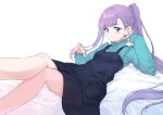  1girl bangs blue_eyes blush breasts casual coffeekite fate/extra fate/extra_ccc fate/grand_order fate_(series) long_hair long_sleeves looking_at_viewer meltryllis_(fate) purple_hair small_breasts solo 