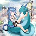  3girls :o absurdres animalization arknights bangs bare_shoulders barefoot bathing belt black_hair black_shorts blue_hair blush blush_stickers bottle detached_collar dragon dragon_girl dragon_horns dragon_tail dusk_(arknights) eyebrows_visible_through_hair fish hair_over_one_eye highres holding holding_bottle horns kuroshiroemaki lantern lee_(arknights) leg_up ling_(arknights) long_hair looking_at_viewer multicolored_hair multiple_girls navel necktie nian_(arknights) onsen open_mouth peeking_out pointy_ears shirt short_shorts shorts siblings sisters solo_focus strapless strapless_shirt streaked_hair submerged tail two-tone_hair very_long_hair violet_eyes water white_hair white_shirt yellow_necktie younger |_| ||_|| 