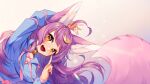  1girl ahoge animal_ears arm_behind_head arm_up bell blue_shirt brown_eyes choker fangs fox_ears fox_girl fox_shadow_puppet fox_tail hair_ornament highres hyanna-natsu index_finger_raised jingle_bell leaning_to_the_side long_hair open_mouth original purple_hair shirt smile solo tail upper_body 