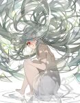  1girl bare_arms bare_legs bare_shoulders barefoot crying dress floating_hair from_behind full_body green_hair grey_hair hair_over_one_eye hand_on_own_chest hand_on_own_knee highres karohroka knees_up long_hair looking_at_viewer looking_back original parted_lips ripples simple_background sitting sleeveless sleeveless_dress solo sundress tears tentacles torn_clothes torn_dress very_long_hair white_background white_dress 