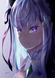  1girl bangs closed_mouth crown emilia_(re:zero) eyebrows_visible_through_hair hair_ornament hair_ribbon highres inhousedesignd1 long_hair portrait purple_ribbon re:zero_kara_hajimeru_isekai_seikatsu ribbon signature solo violet_eyes white_hair 