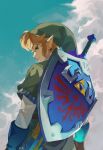  1boy blonde_hair blue_eyes blue_sky clouds cloudy_sky commentary_request day from_behind gloves hat highres link looking_at_viewer looking_back male_focus master_sword pisu_1107 pointy_ears shield short_hair sky smile solo sword the_legend_of_zelda the_legend_of_zelda:_twilight_princess triforce weapon 