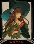  1girl bangs brown_hair cropped_torso dragon english_text fantasy flower green_eyes hair_flower hair_ornament hat long_hair long_sleeves muraicchi_(momocchi) original puffy_long_sleeves puffy_sleeves solo witch witch_hat 