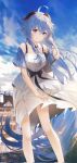  1girl ahoge artist_name bangs bare_legs black_bow blue_hair blue_sky blush bow building clouds cloudy_sky dated dress ganyu_(genshin_impact) genshin_impact highres horns long_hair looking_at_viewer outdoors sidelocks signature sky smile solo standing swkl:d teeth violet_eyes white_dress 